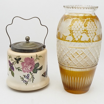 Vintage Citrine Flashed Cut Glass Vase, Wash Basin and Biscuit Jar