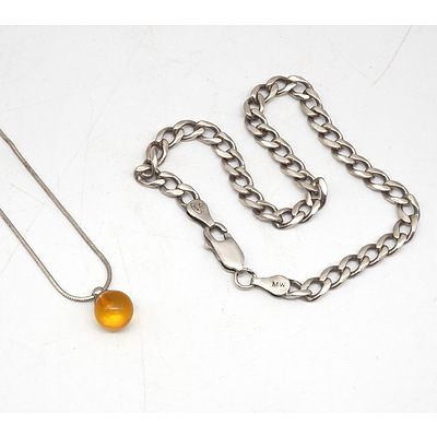 Silver Chain with a Amber Bead Drop and a Silver Curb Link Bracelet