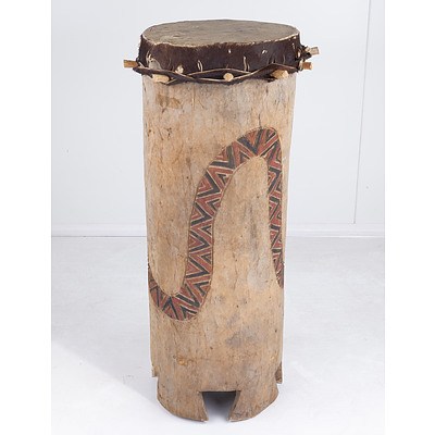 African Craved and Painted Drum with Hide Top