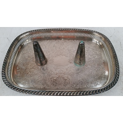 Silver Plated Tray With Salt and Pepper Shakers
