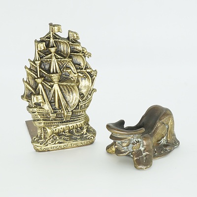 Peerage Brass Sovereign of the Seas Ship Bookend and a Sailor Form Pipe Rest