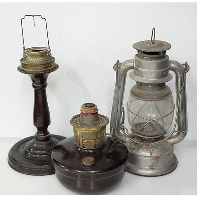 Super Aladdin Bakelite Oil Lamp and Another and Reproduction Storm Lantern