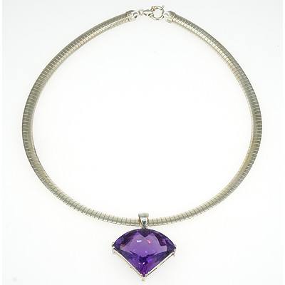 Claw Set Triangular Chequerboard top Amethyst Pendant with Sterling Silver Fancy Machined Chain