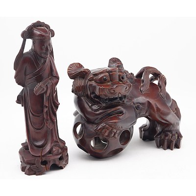 Two Chinese Carvings Including Buddhist Blion Puzzle Ball