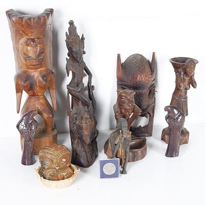 Nine Exotic Wood Carvings Includes New Zealand and Hawaiian Tikis