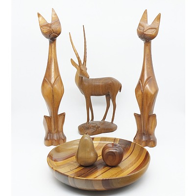 Group Lot of Carved Wooden Items Including Tasmanian Blackwood Apple and Pear, Bowl and Animals