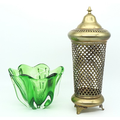 Green Art Glass Bowl and A Pierced Brass Candle Lantern