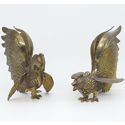 Two Cast Brass Roosters