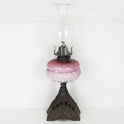 Victorian Oil Lamp With Mould Blown Pink Milk Glass Font