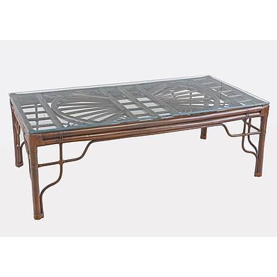 Glass Top Cane and Wicker Coffee Table