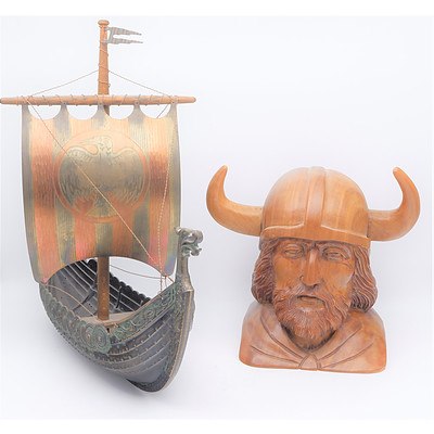 Metal Viking Boat and A Carved Viking Bust