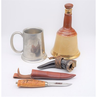 Bell Scotch Whiskey Decanter, Norwegian Brusletto Knife, Horn Container and A Tankard