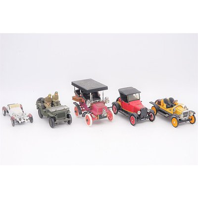 Group of Five Toy Cars Including Cadillac, Jeep, Ford and Mercedes