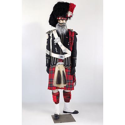 Manniquin in Scottish Highlands Regimental Dress with Handmade Pibmhor Headpeace and Canberra Burns Club Badges