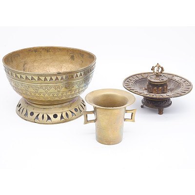 Buddhist Incense Burners and a Carved and Pierced Brass Jardiniere