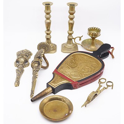 Group of Brass Ware Including Wick Sheers, Wall Scones, Bellows and More