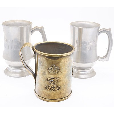 Brass Tankard With Various Danish Badges and A Pair of Pewter Rothmans Tankards