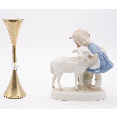 German Porcelain Figure and A Danish Gold Plated Candle Stick