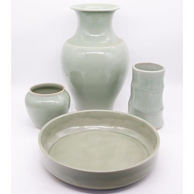 Three Celadon Vases and A Serving Bowl