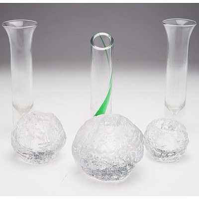 Three Graduating Glass Iceberg Shaped Candle Lanterns and Three Stem Vases