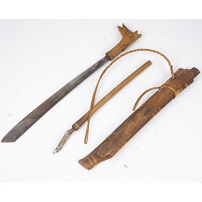 South East Asian Sword with Carved Hardwood Handle and Wicker Wrapped Sheath
