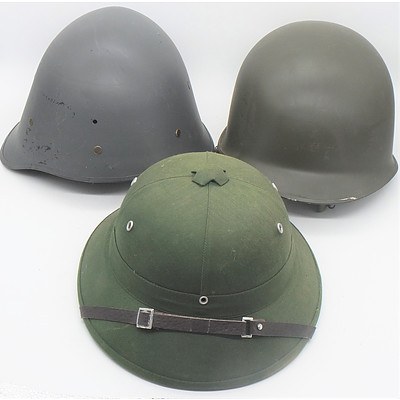 M1 Style Steel Helmet, M34 Style Steel Helmet and A Pith Helmet