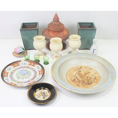 Hand Painted Butlers Tray, Bendigo Pottery Goblets, Glassware and More
