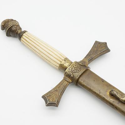 Antique Gebruder Weyersberg Knight's Head Pommel Ceremonial Sword with Fluted Bone Grip and Leather and Brass Scabbard