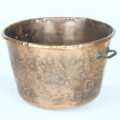 Large Antique Copper Bowl with Iron Side Handles