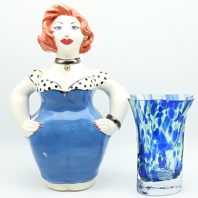 Allison Bennett Glazed Ceramic Figural Vase and Art Glass Vase