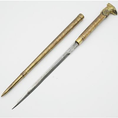 Engraved Brass Baton with Eagle Head Finial and Hidden Knife