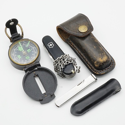 Swiss Victorinox Pocket Knife, Polo Razor and an Engineer Compass