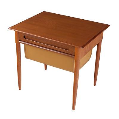 Danish Teak Bedside or Work Table with Leather Upholstered Drawer