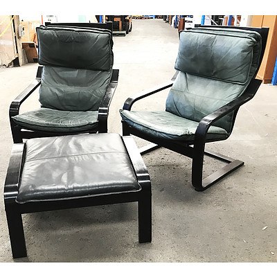 Pair of Ikea Modern Green Leather Armchairs with Ottoman