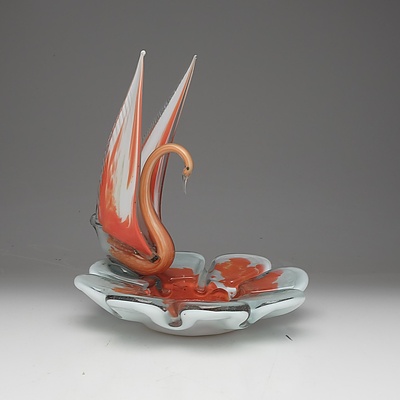 Art Glass Sculpture Orange and White Swan