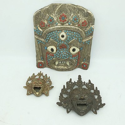 Tibetan Buddhist Stone and Metal Inlaid Mask and Two Incense Burners