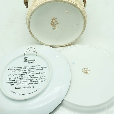 Group of Various Porcelain Plates and Biscuit Barrel, Including Limoges, Crown Ducal Ware and More 