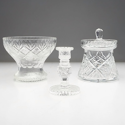 Three Pieces of Cut Crystal, Including Vase, Candlestick and More