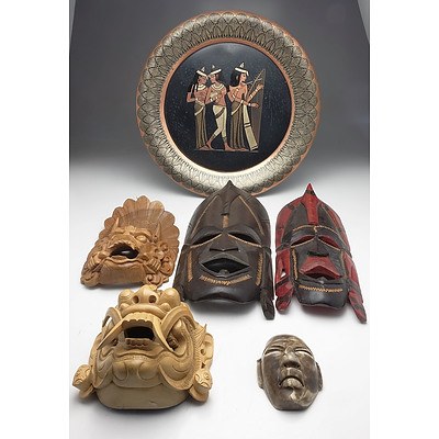 Large Group of International Masks, Including Egyptian Plate 