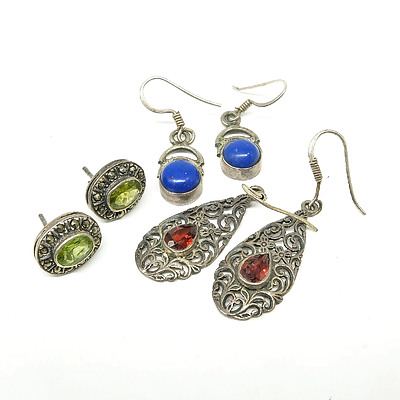Three Pairs of Silver and Gemstone Earrings, Including Lapis, Garnet and Peridot