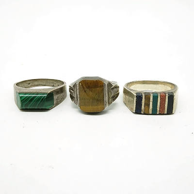 Sterling Silver and Tiger Eye Gents Ring, Sterling Silver and Five Multi Coloured Gemstone Quartz Slabs and a Mexican Sterling Silver and Malachite 