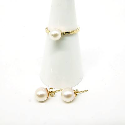 14ct Yellow Gold Cultured Pearl Ring with Two Round Brilliant Cut Diamonds 0.01ct with Matching Stud Earrings