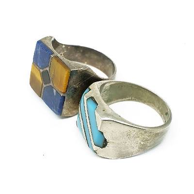 Gents Sterling Silver Rings with Inlaid Lapis, Tigereye and Smokey Quartz and Another Sterling Silver Ring with Turquoise