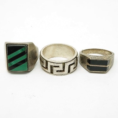 Sterling Silver Gents Ring with Malachite and Onyx, Another Sterling Silver Gents Ring 