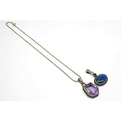 Two Sterling Silver Pendants, One with Lapis and the Other Amethyst