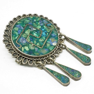 Mexican Sterling Silver Inlaid Brooch with Tassels