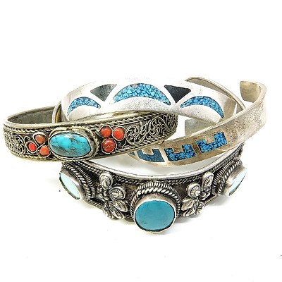 Four Silver Bangles, Including Two Mexican Bangles with Turquoise Grain Inlay