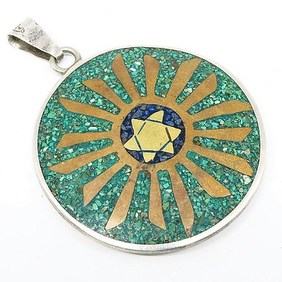 Retro Mexican Aztec Style Silver Pendant Inlaid with Turquoise Matrix