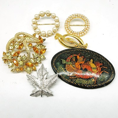 Six Decorative Brooches, Including Maple Leaf and Faux Pearl