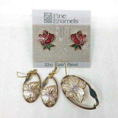 Pair of Enamel Earrings and a Matched Brooch